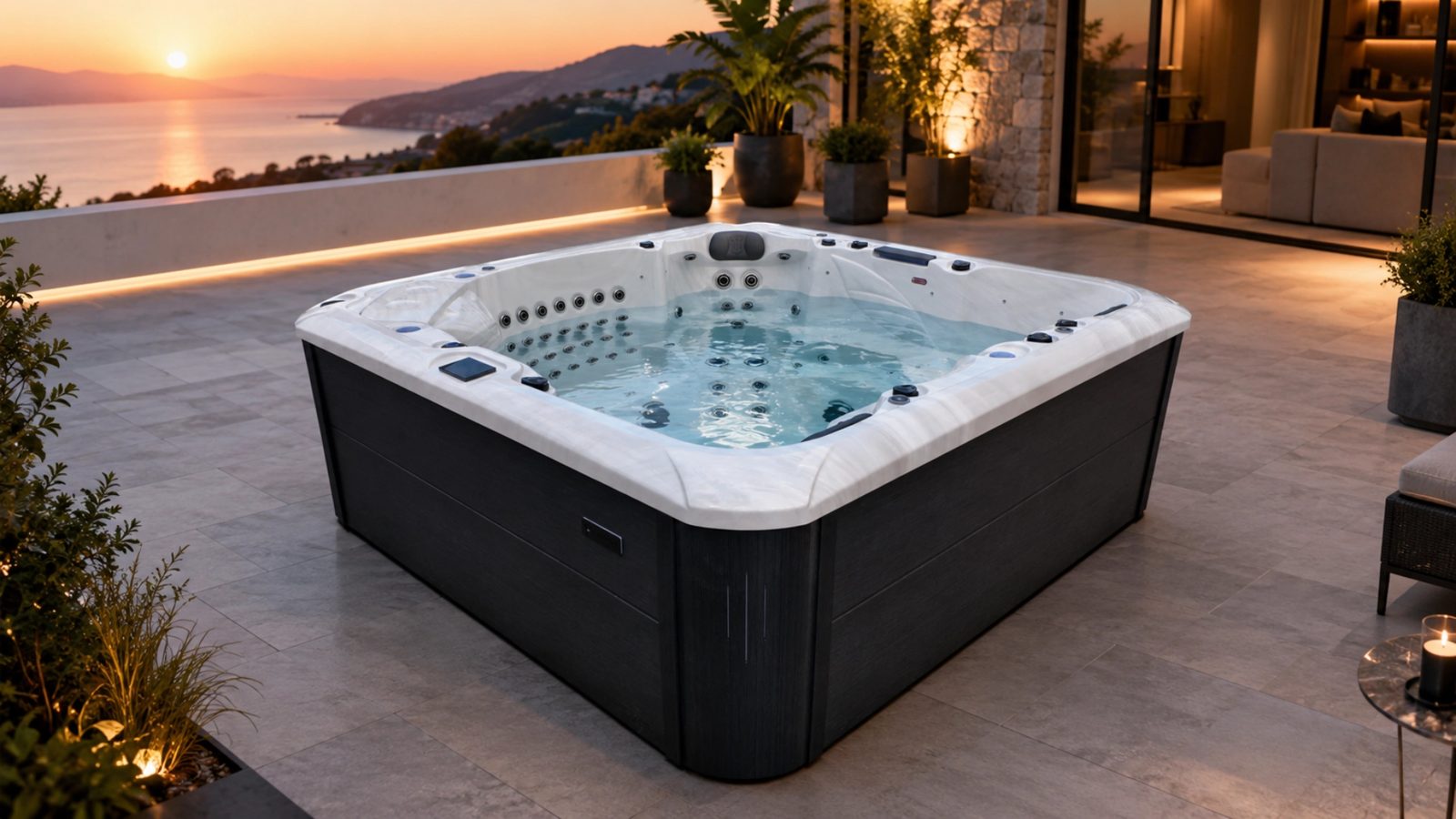 Spa Rhodé sur une terrasse au coucher du soleil